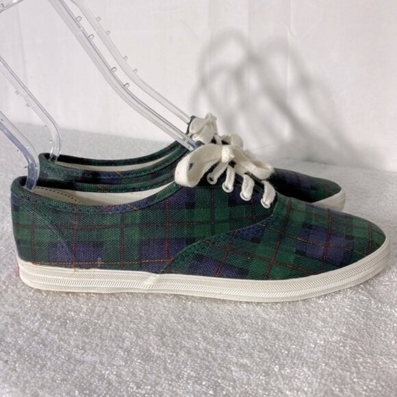 Vintage Hanes Her Way Green Blue Plaid Canvas Lace Up Sneakers 8 - Picture 1 of 11